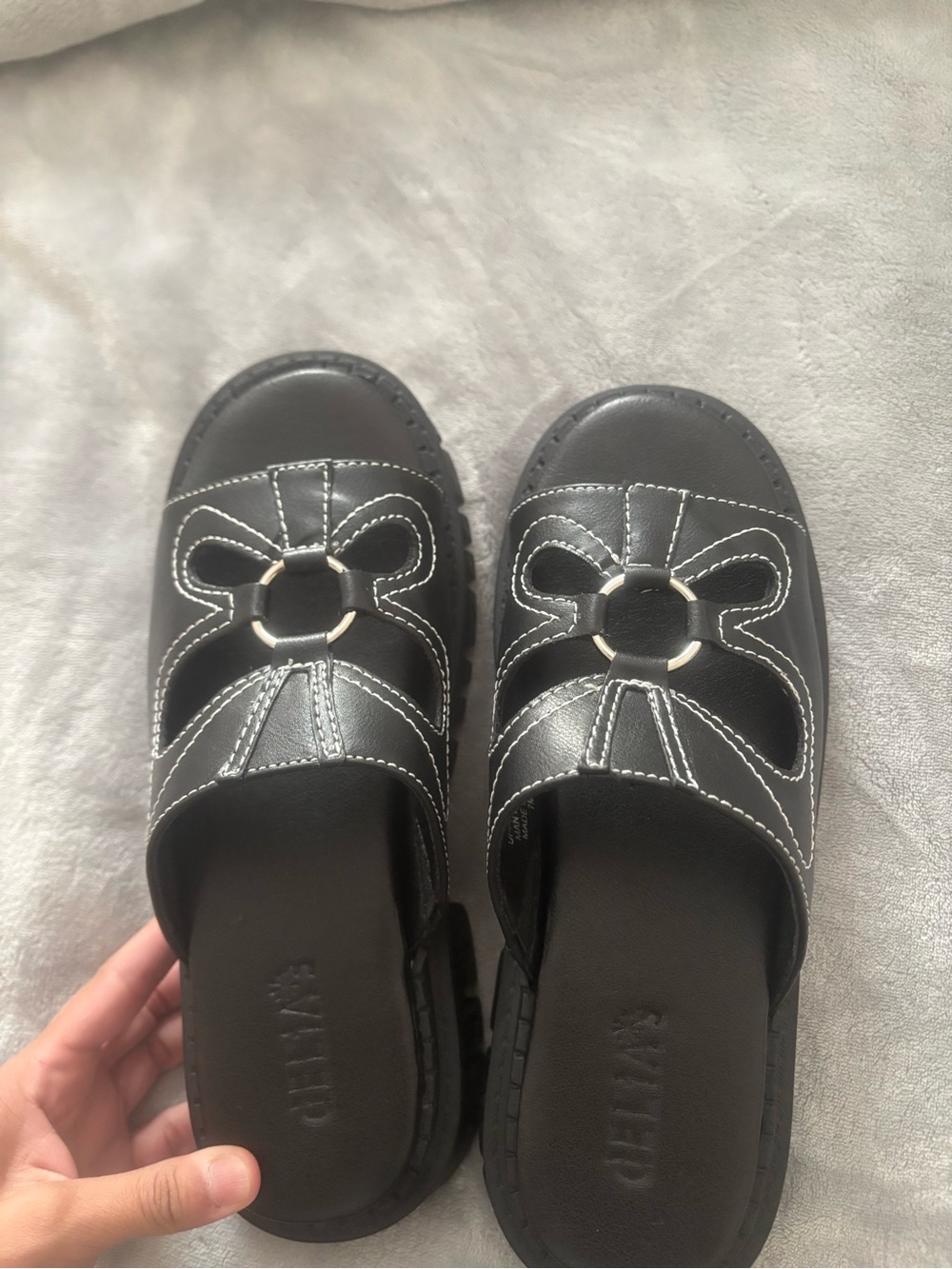 Dolls Kill Black Slide Sandals with Bow Cutout & Ring Detail